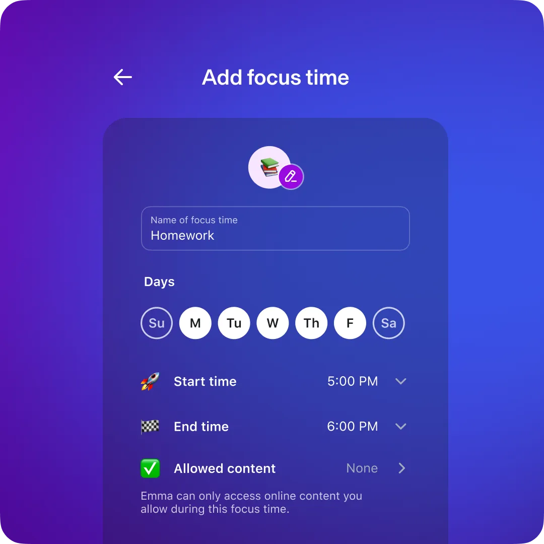 Aura product tile for adding focus time. Name of focus time: Homework. Start time 5pm. End time 6pm.
